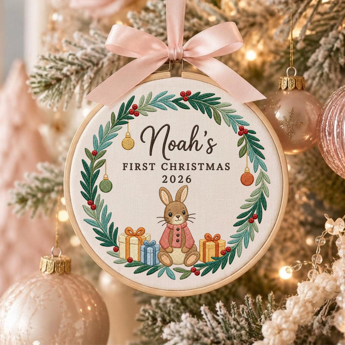 May include: A round wooden embroidery hoop ornament featuring a white fabric center with a green leaf wreath, red berries, and small hanging ornaments. It displays the text Noah's FIRST CHRISTMAS 2026 above a brown rabbit and gift boxes.