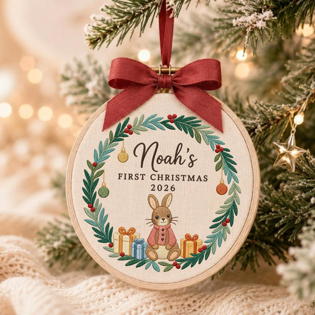 May include: A round wooden embroidery hoop ornament featuring a cream-colored fabric center with a green wreath, red berries, and small ornaments. It displays the text Noah's FIRST CHRISTMAS 2026 above a brown rabbit and colorful gift boxes.