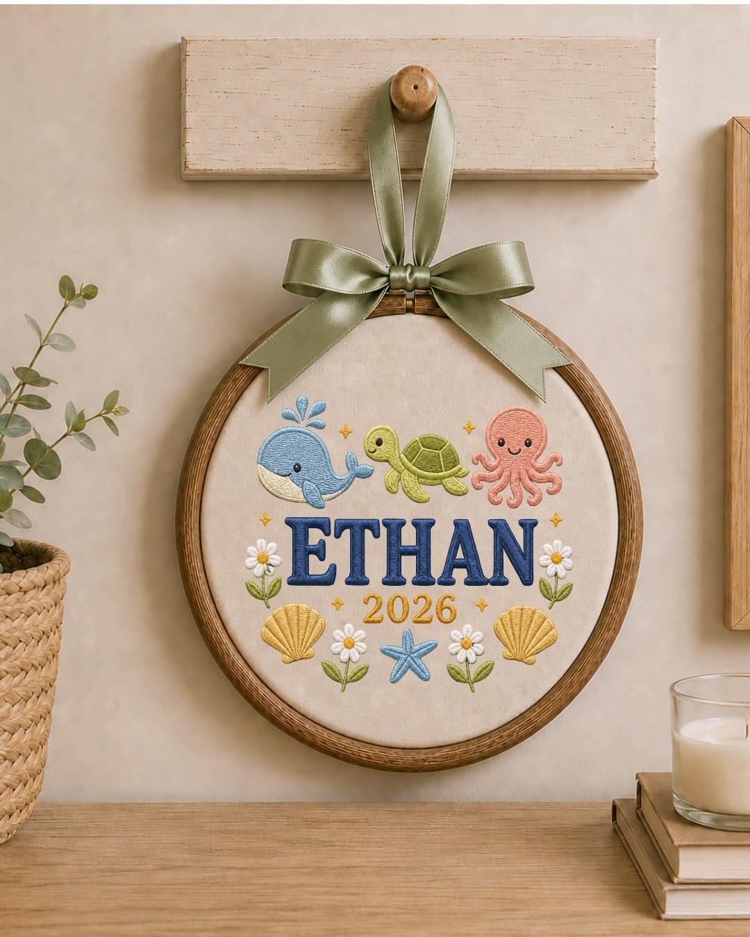 Personalized Ocean Embroidered Ornament, Custom Baby Name Hoop, Whale Turtle Octopus Nursery Decor, Baby Boy Gift, Newborn Keepsake