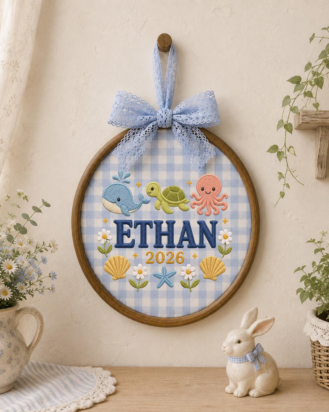 Personalized Ocean Embroidered Ornament, Custom Baby Name Hoop, Whale Turtle Octopus Nursery Decor, Baby Boy Gift, Newborn Keepsake
