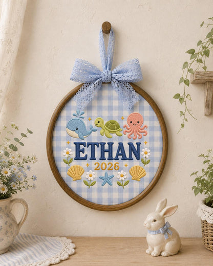 Personalized Ocean Embroidered Ornament, Custom Baby Name Hoop, Whale Turtle Octopus Nursery Decor, Baby Boy Gift, Newborn Keepsake