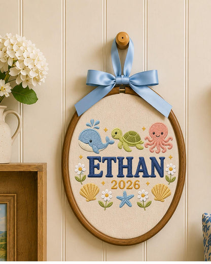 Personalized Ocean Embroidered Ornament, Custom Baby Name Hoop, Whale Turtle Octopus Nursery Decor, Baby Boy Gift, Newborn Keepsake