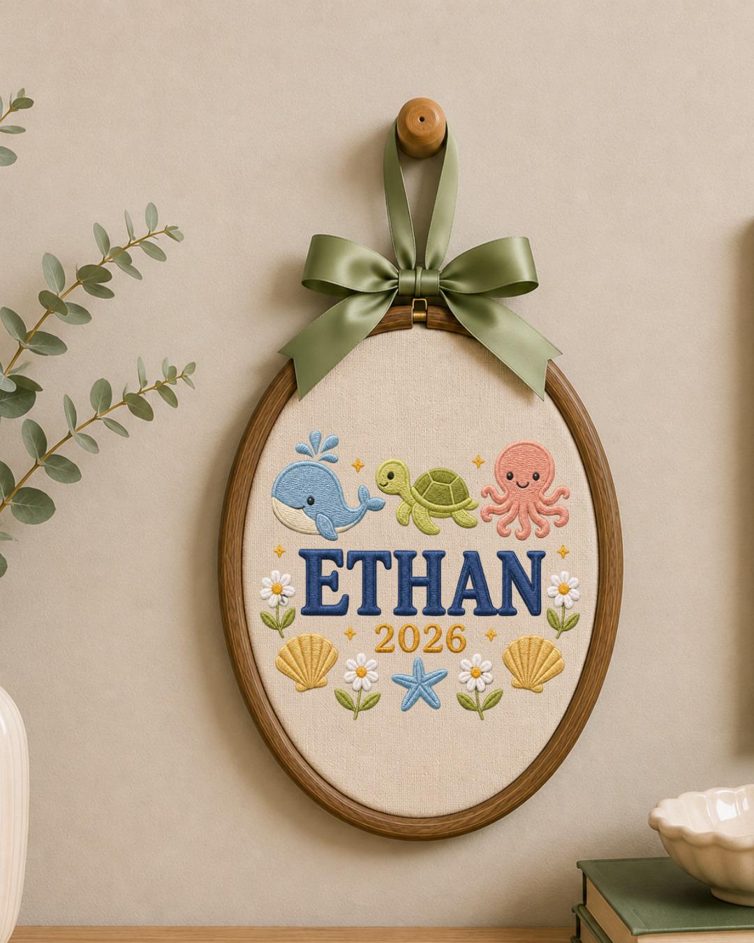 Personalized Ocean Embroidered Ornament, Custom Baby Name Hoop, Whale Turtle Octopus Nursery Decor, Baby Boy Gift, Newborn Keepsake