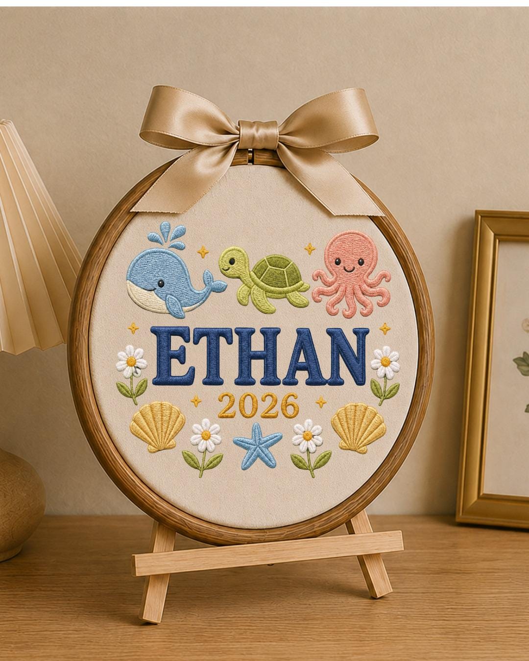 Personalized Ocean Embroidered Ornament, Custom Baby Name Hoop, Whale Turtle Octopus Nursery Decor, Baby Boy Gift, Newborn Keepsake