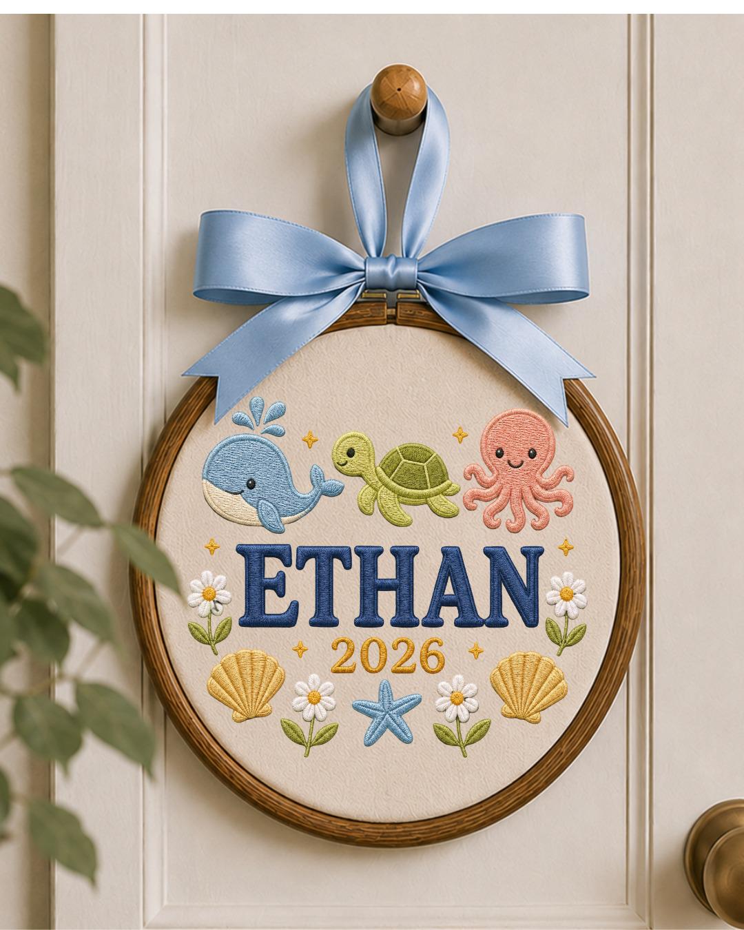 Personalized Ocean Embroidered Ornament, Custom Baby Name Hoop, Whale Turtle Octopus Nursery Decor, Baby Boy Gift, Newborn Keepsake