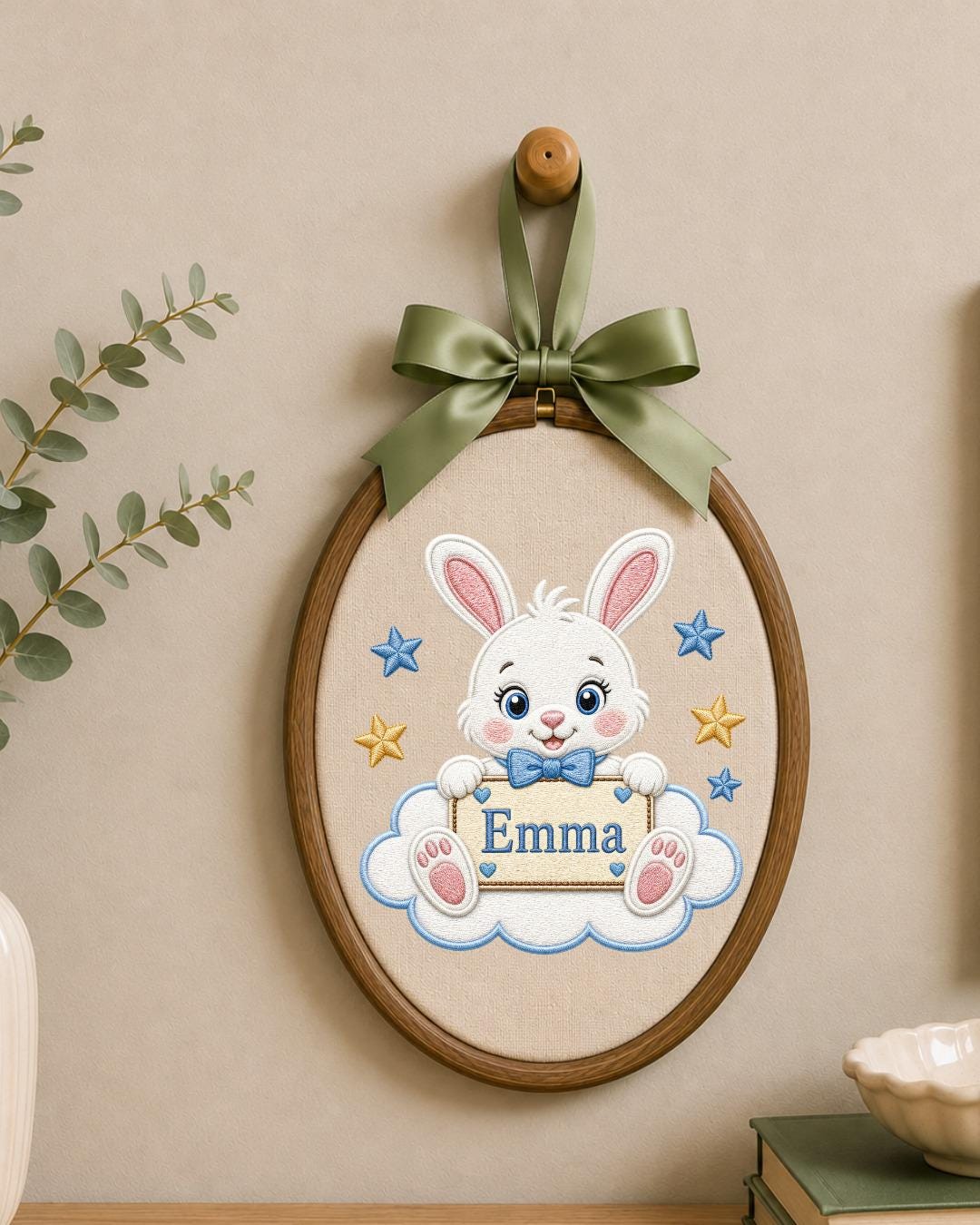 Personalized Bunny Embroidered Ornament, Custom Baby Name Hoop, Cute Rabbit Nursery Decor, Baby Girl Gift, Newborn Keepsake