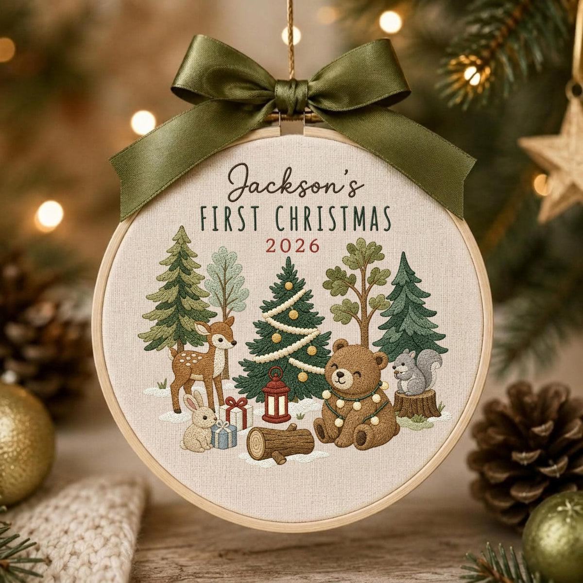 May include: A round wooden embroidery hoop ornament featuring a forest scene with a deer, rabbit, bear, and squirrel. The text reads Jackson's FIRST CHRISTMAS 2026. The design includes embroidered trees, gifts, and a lantern, topped with a dark olive green ribbon.