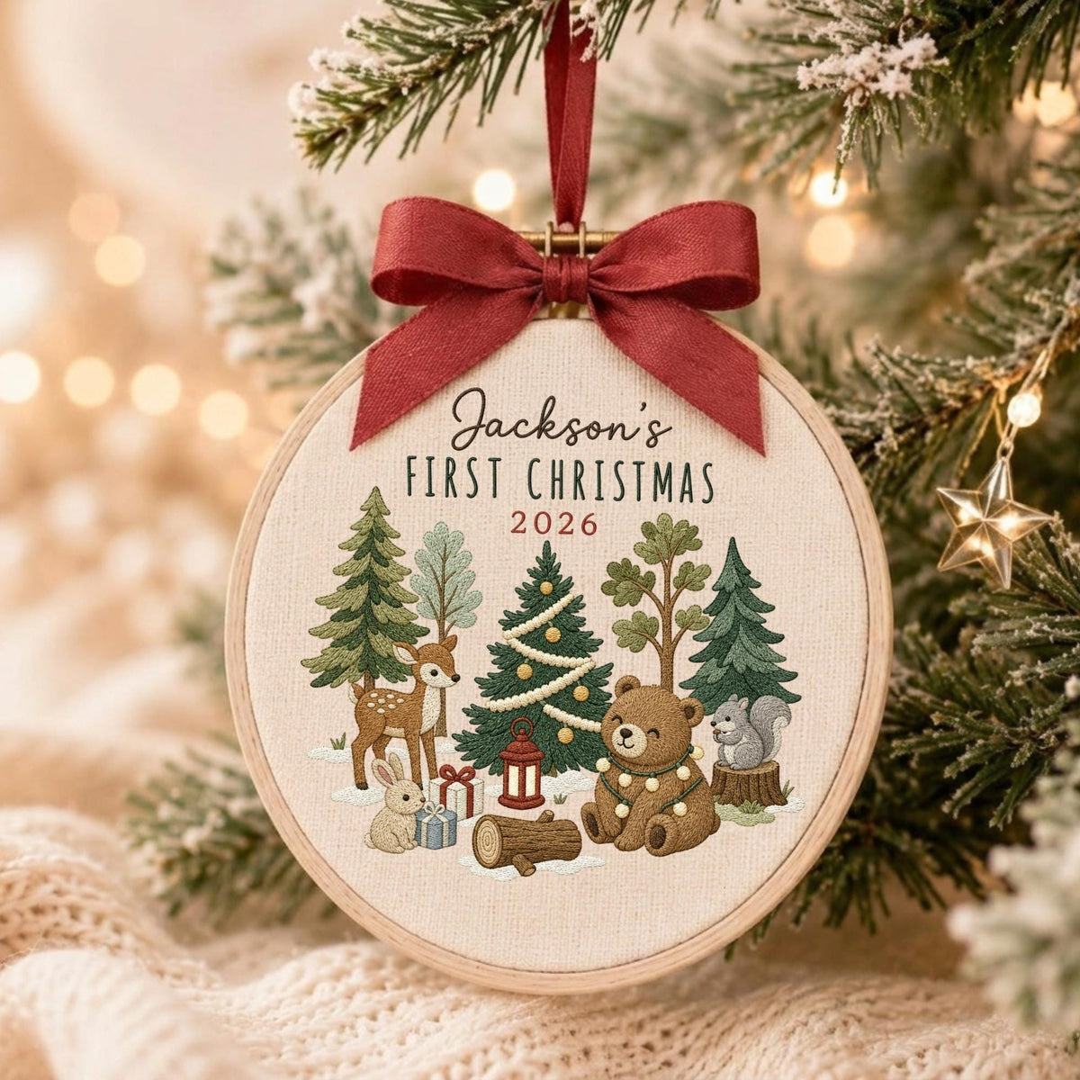 May include: A round embroidery hoop ornament featuring a cream fabric background with a dark red ribbon bow. The text reads Jackson's FIRST CHRISTMAS 2026. The design includes embroidered pine trees, a deer, a rabbit, a bear, and gifts.