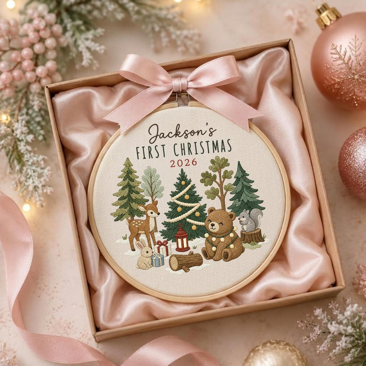 May include: A round wooden embroidery hoop featuring a cream-colored fabric with a forest scene, including a deer, bear, rabbit, and squirrel. The text reads Jackson's FIRST CHRISTMAS 2026. A light pink satin ribbon bow is attached to the top of the hoop.