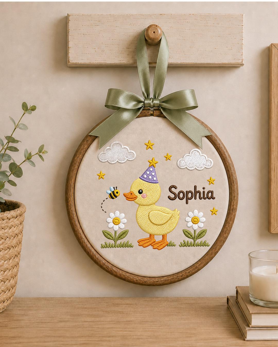Personalized Duck Embroidered Ornament, Custom Baby Name Hoop, Cute Birthday Duck Nursery Decor, Baby Girl Gift, Newborn Keepsake