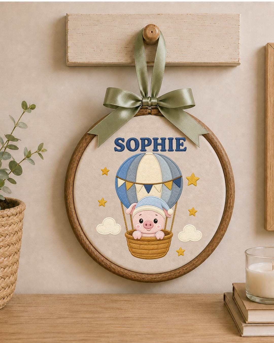 Personalized Pig Hot Air Balloon Embroidered Ornament, Custom Baby Name Hoop, Cute Nursery Decor, Baby Girl Gift, Newborn Keepsake