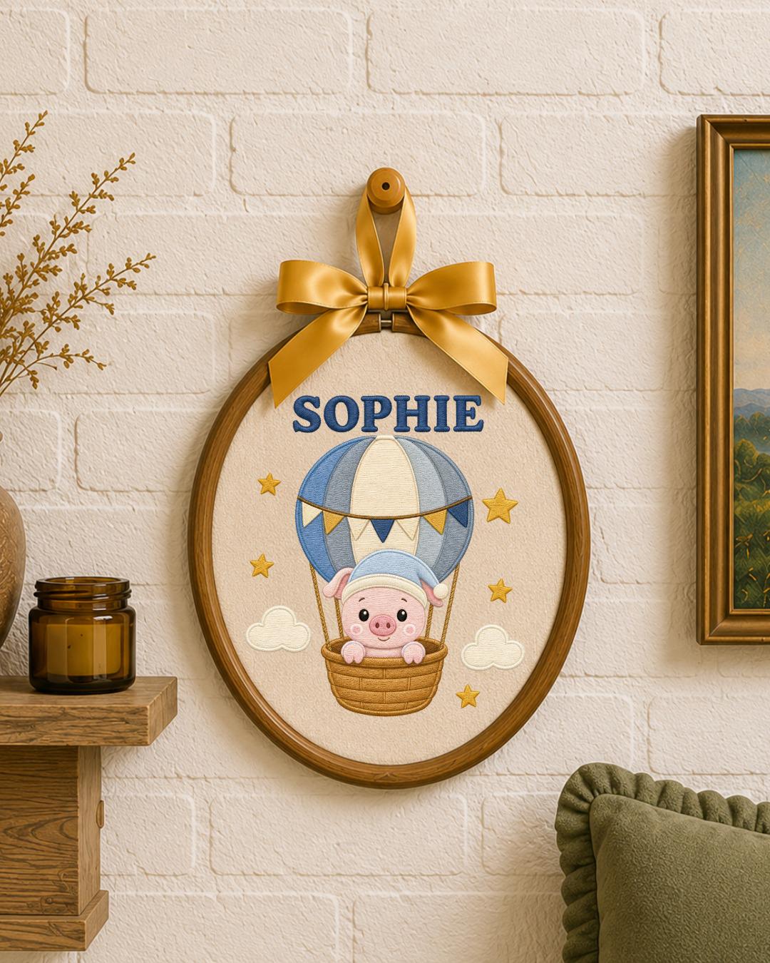 Personalized Pig Hot Air Balloon Embroidered Ornament, Custom Baby Name Hoop, Cute Nursery Decor, Baby Girl Gift, Newborn Keepsake