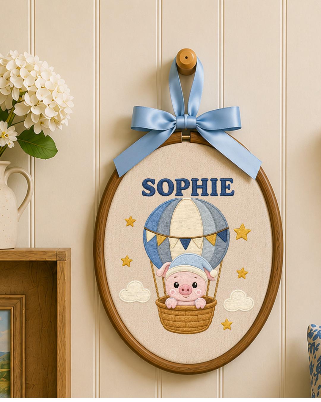 Personalized Pig Hot Air Balloon Embroidered Ornament, Custom Baby Name Hoop, Cute Nursery Decor, Baby Girl Gift, Newborn Keepsake