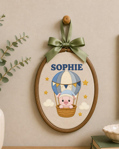 Personalized Pig Hot Air Balloon Embroidered Ornament, Custom Baby Name Hoop, Cute Nursery Decor, Baby Girl Gift, Newborn Keepsake