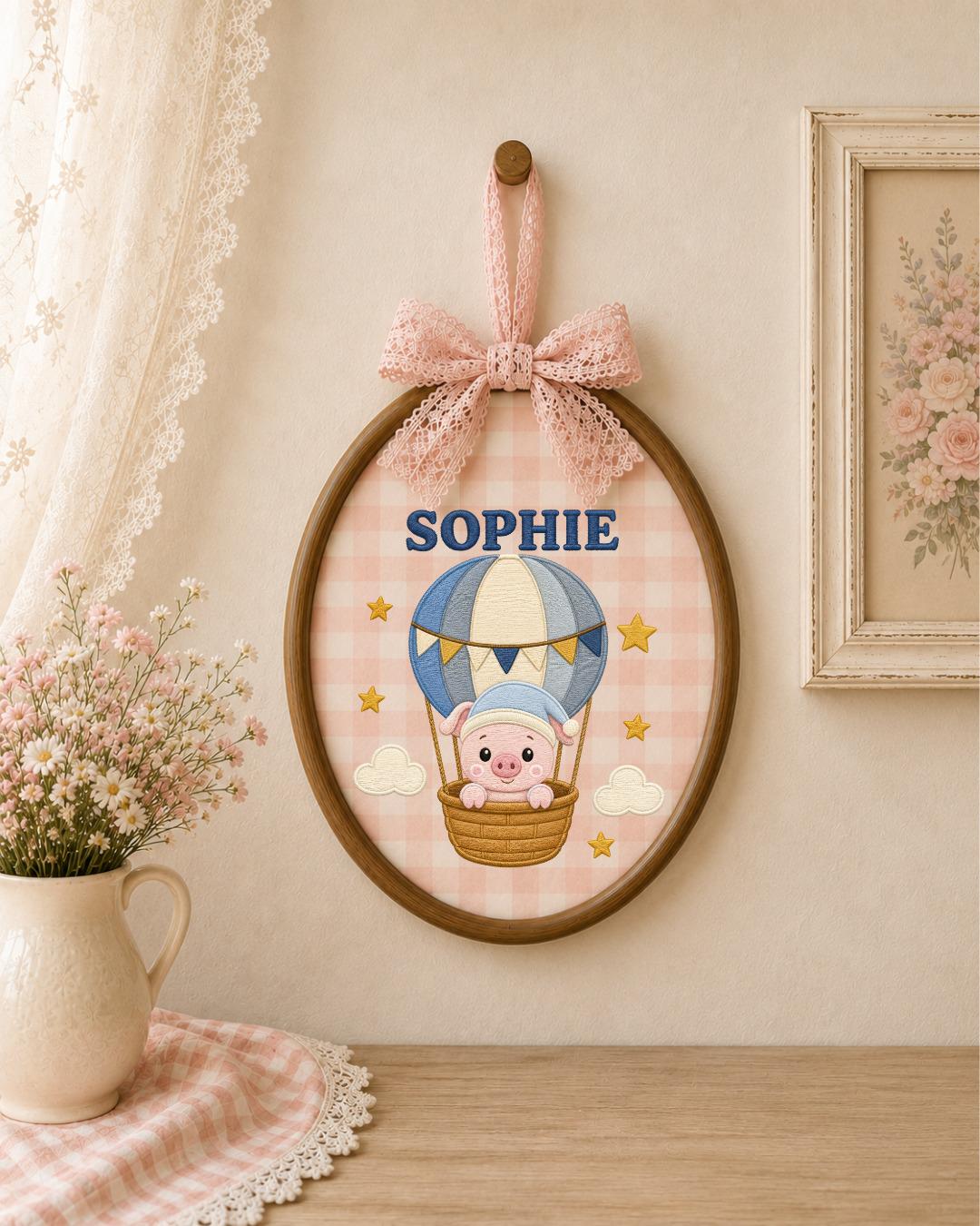 Personalized Pig Hot Air Balloon Embroidered Ornament, Custom Baby Name Hoop, Cute Nursery Decor, Baby Girl Gift, Newborn Keepsake