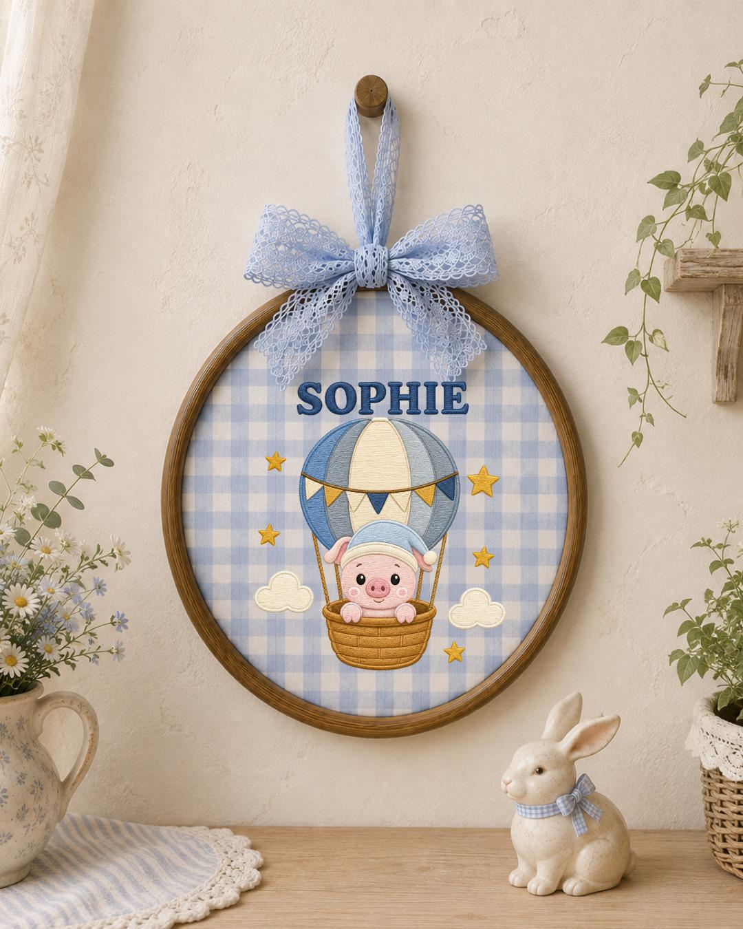 Personalized Pig Hot Air Balloon Embroidered Ornament, Custom Baby Name Hoop, Cute Nursery Decor, Baby Girl Gift, Newborn Keepsake