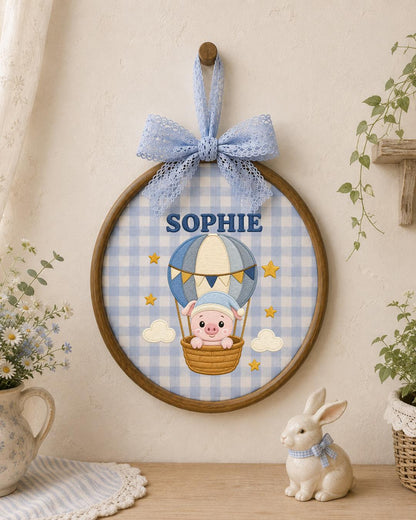 Personalized Pig Hot Air Balloon Embroidered Ornament, Custom Baby Name Hoop, Cute Nursery Decor, Baby Girl Gift, Newborn Keepsake