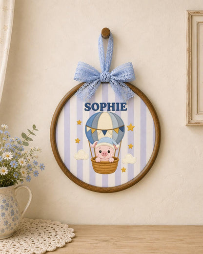Personalized Pig Hot Air Balloon Embroidered Ornament, Custom Baby Name Hoop, Cute Nursery Decor, Baby Girl Gift, Newborn Keepsake