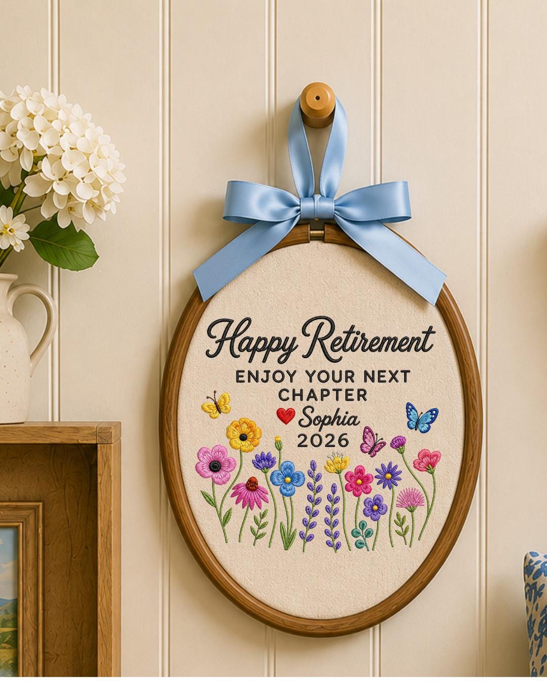 Personalized Retirement Embroidered Ornament, Custom Name Retirement Gift, Floral Butterfly Hoop, Happy Retirement Keepsake, Coworker Gift