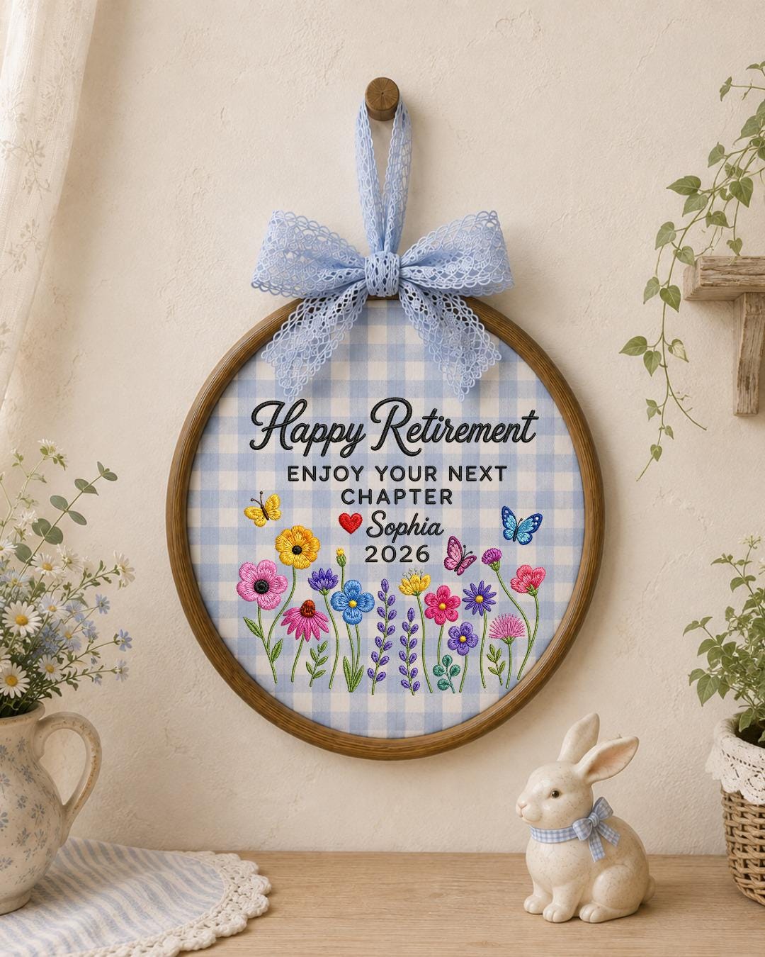 Personalized Retirement Embroidered Ornament, Custom Name Retirement Gift, Floral Butterfly Hoop, Happy Retirement Keepsake, Coworker Gift