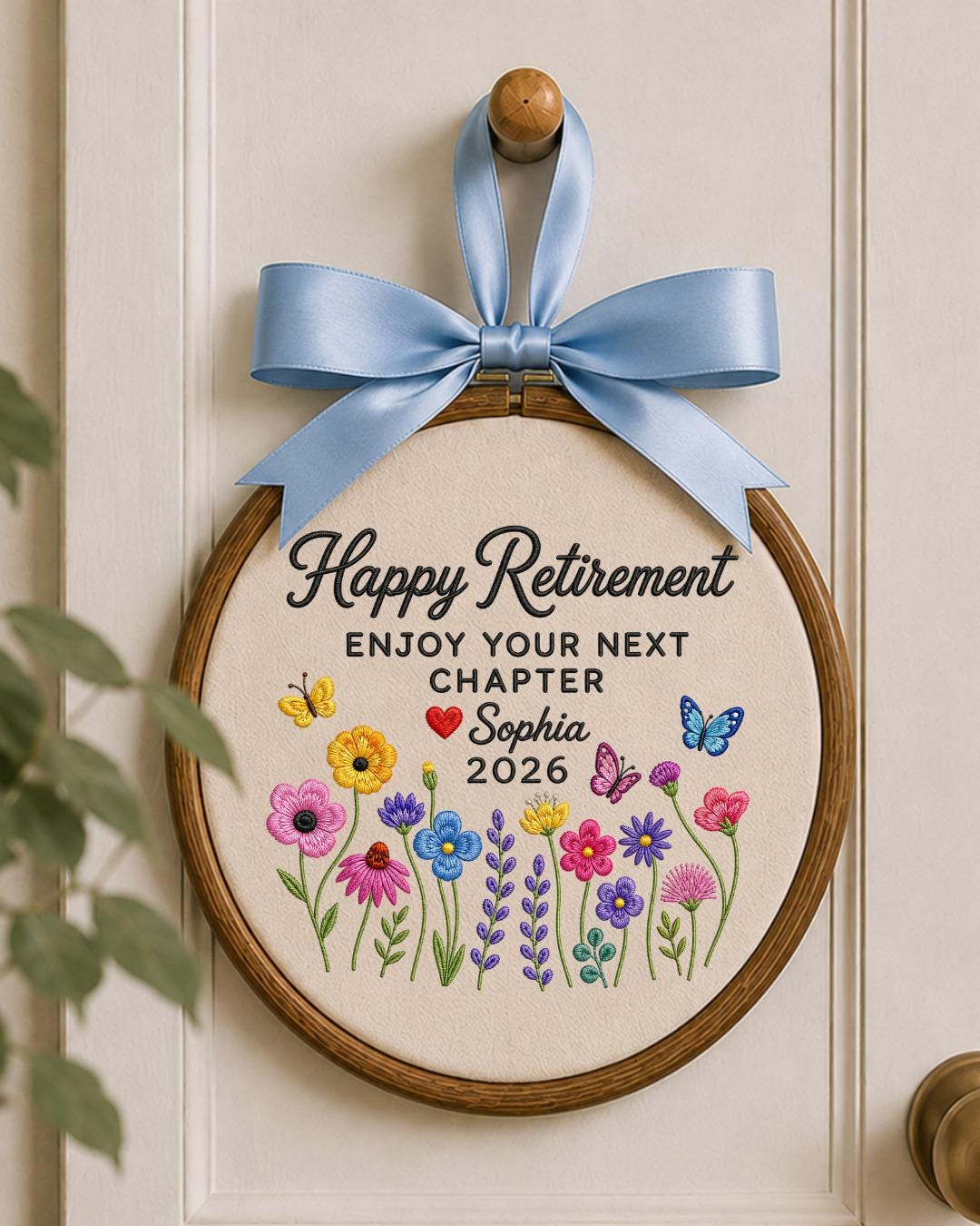 Personalized Retirement Embroidered Ornament, Custom Name Retirement Gift, Floral Butterfly Hoop, Happy Retirement Keepsake, Coworker Gift