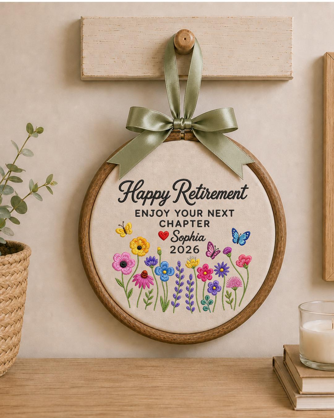 Personalized Retirement Embroidered Ornament, Custom Name Retirement Gift, Floral Butterfly Hoop, Happy Retirement Keepsake, Coworker Gift