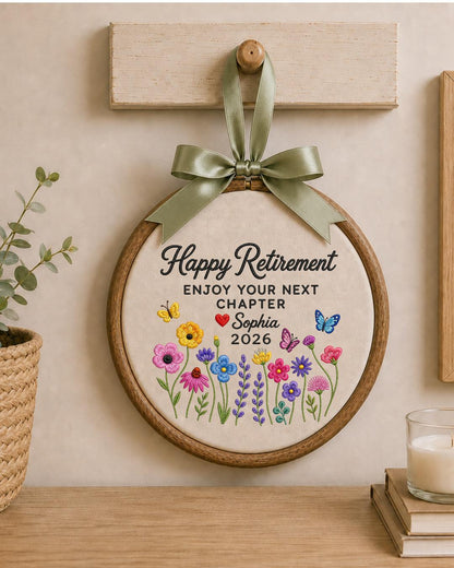 Personalized Retirement Embroidered Ornament, Custom Name Retirement Gift, Floral Butterfly Hoop, Happy Retirement Keepsake, Coworker Gift