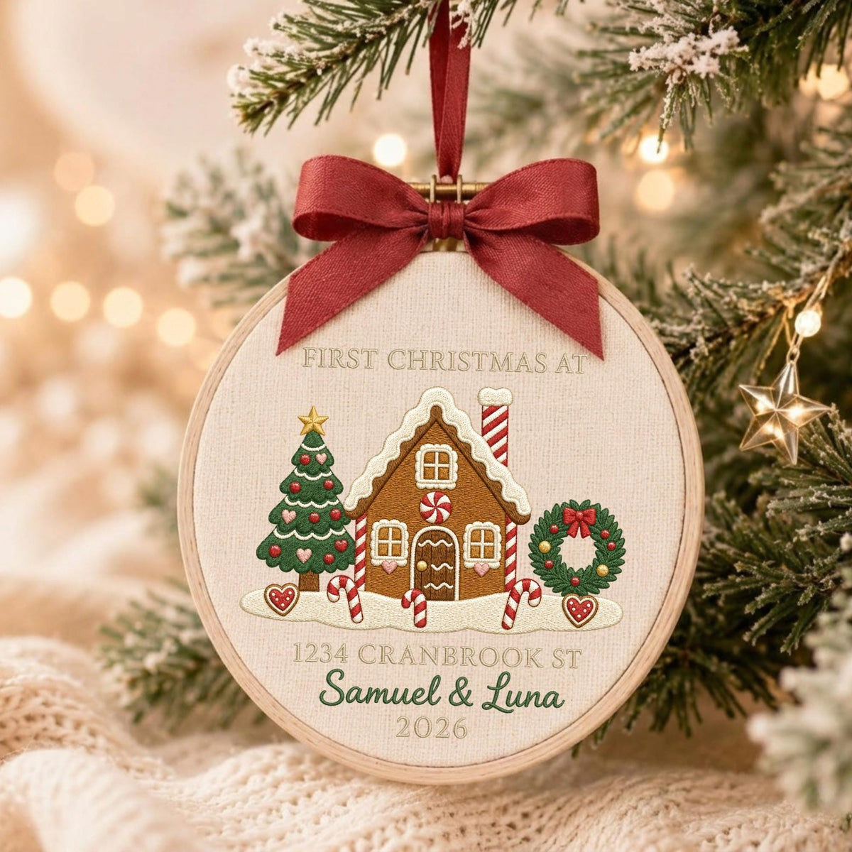 May include: A round wooden embroidery hoop ornament featuring a gingerbread house, a Christmas tree, and a wreath embroidered on cream fabric. It includes the text FIRST CHRISTMAS AT 1234 CRANBROOK ST, Samuel &amp; Luna, 2026, and a red ribbon bow.