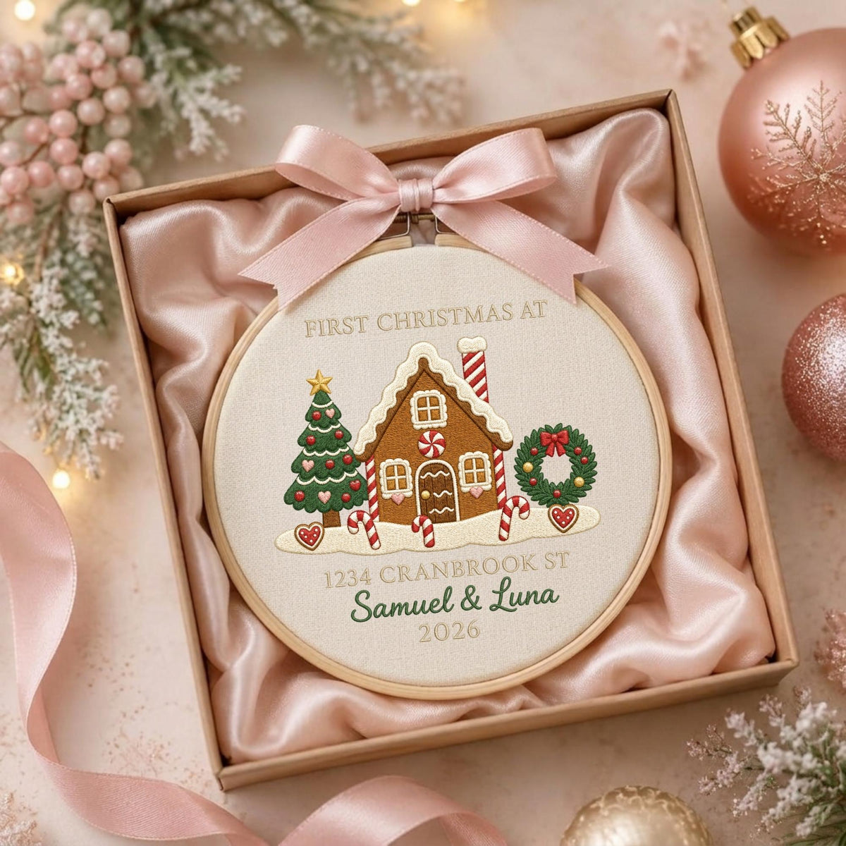 May include: A round wooden embroidery hoop containing fabric with a stitched gingerbread house, a Christmas tree, and a wreath. The text reads FIRST CHRISTMAS AT 1234 CRANBROOK ST Samuel &amp; Luna 2026. A light pink satin ribbon is tied at the top of the hoop.