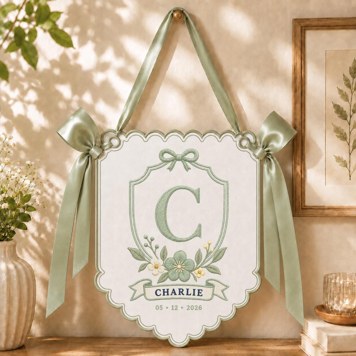 Personalized Monogram Bow Banner, Charlie Initial C Wall Hanging, Blue Floral Ornament, Custom Name Date Decor, Baby Shower Gift
