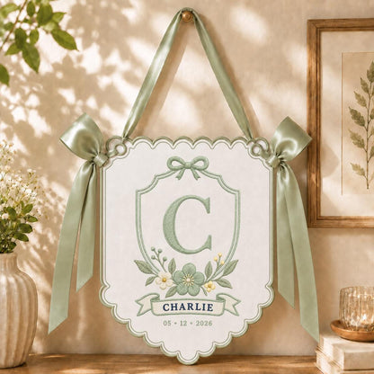 Personalized Monogram Bow Banner, Charlie Initial C Wall Hanging, Blue Floral Ornament, Custom Name Date Decor, Baby Shower Gift