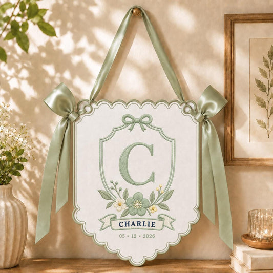 Personalized Monogram Bow Banner, Charlie Initial C Wall Hanging, Blue Floral Ornament, Custom Name Date Decor, Baby Shower Gift