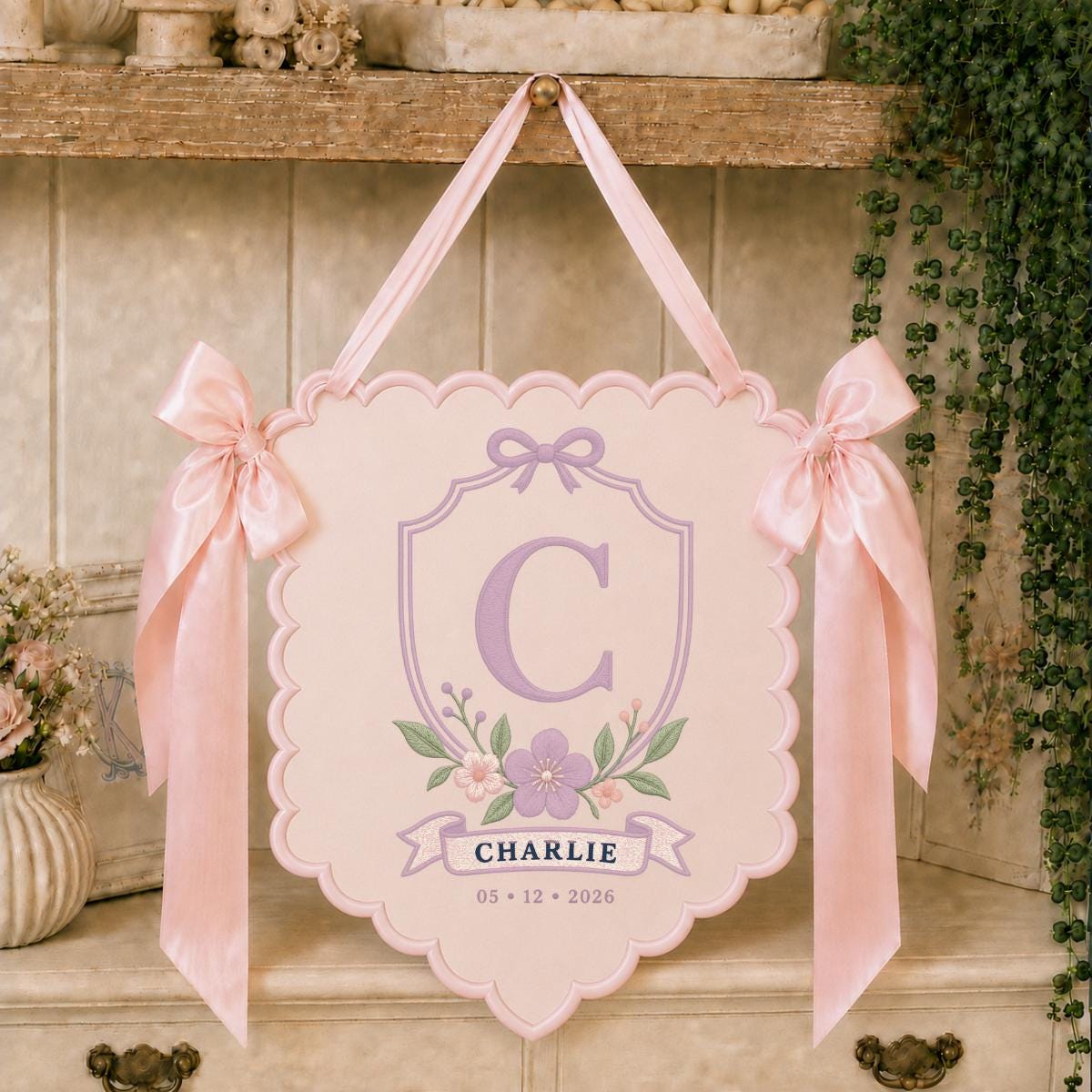 Personalized Monogram Bow Banner, Charlie Initial C Wall Hanging, Blue Floral Ornament, Custom Name Date Decor, Baby Shower Gift