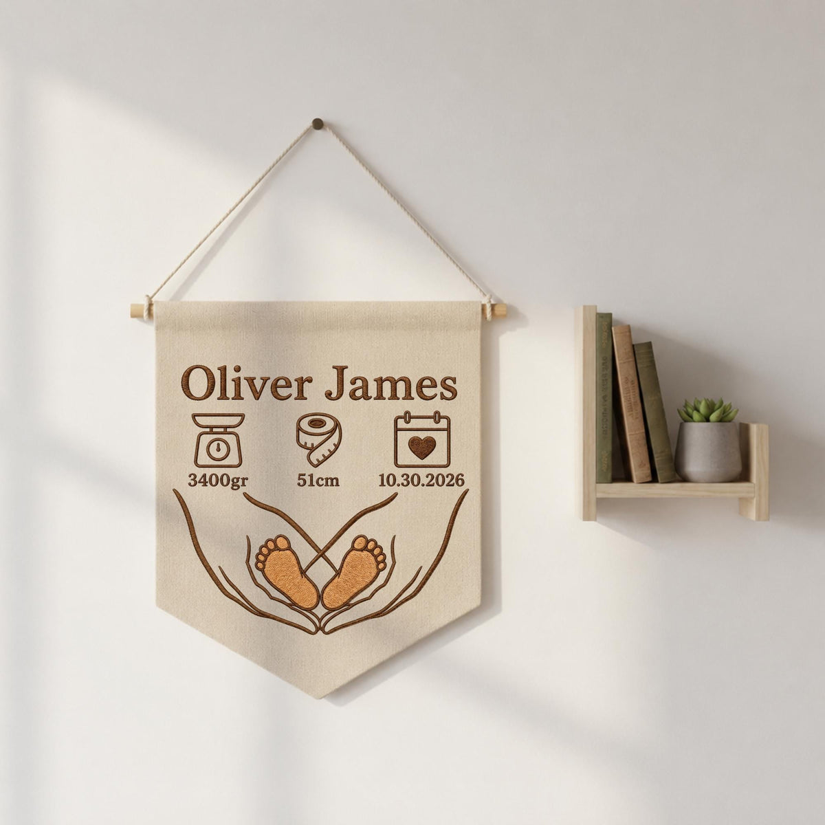 Personalized Embroidered Baby Birth Stats Banner, Custom Baby Name Wall Hanging, Newborn Footprint Nursery , Birth Announcement Keepsake
