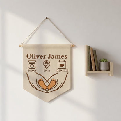 Personalized Embroidered Baby Birth Stats Banner, Custom Baby Name Wall Hanging, Newborn Footprint Nursery , Birth Announcement Keepsake