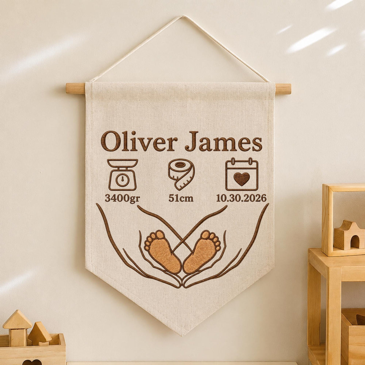 Personalized Embroidered Baby Birth Stats Banner, Custom Baby Name Wall Hanging, Newborn Footprint Nursery , Birth Announcement Keepsake