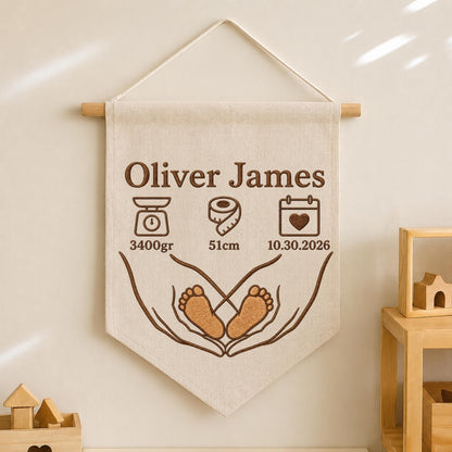 Personalized Embroidered Baby Birth Stats Banner, Custom Baby Name Wall Hanging, Newborn Footprint Nursery , Birth Announcement Keepsake