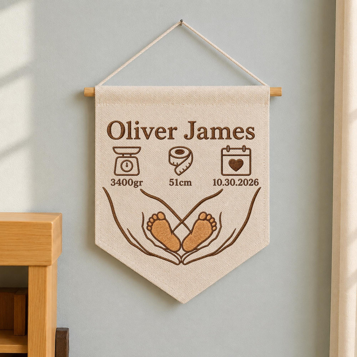 Personalized Embroidered Baby Birth Stats Banner, Custom Baby Name Wall Hanging, Newborn Footprint Nursery , Birth Announcement Keepsake