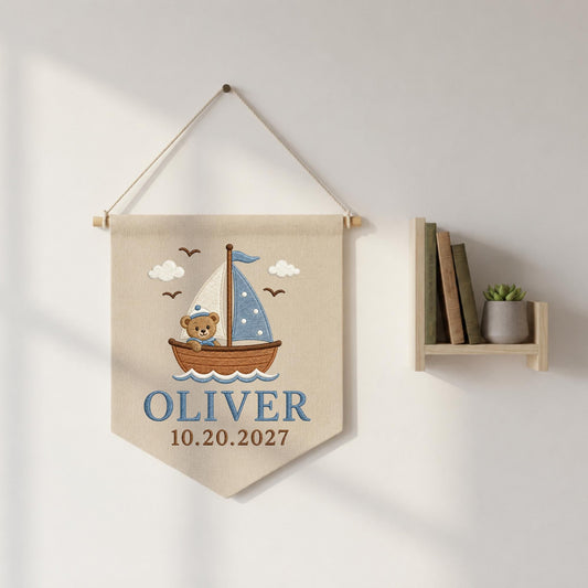 Personalized Embroidered Baby Name Banner, Teddy Bear Sailboat Nursery Wall Hanging, Custom Nautical Name Sign, Baby Boy Nursery Decor