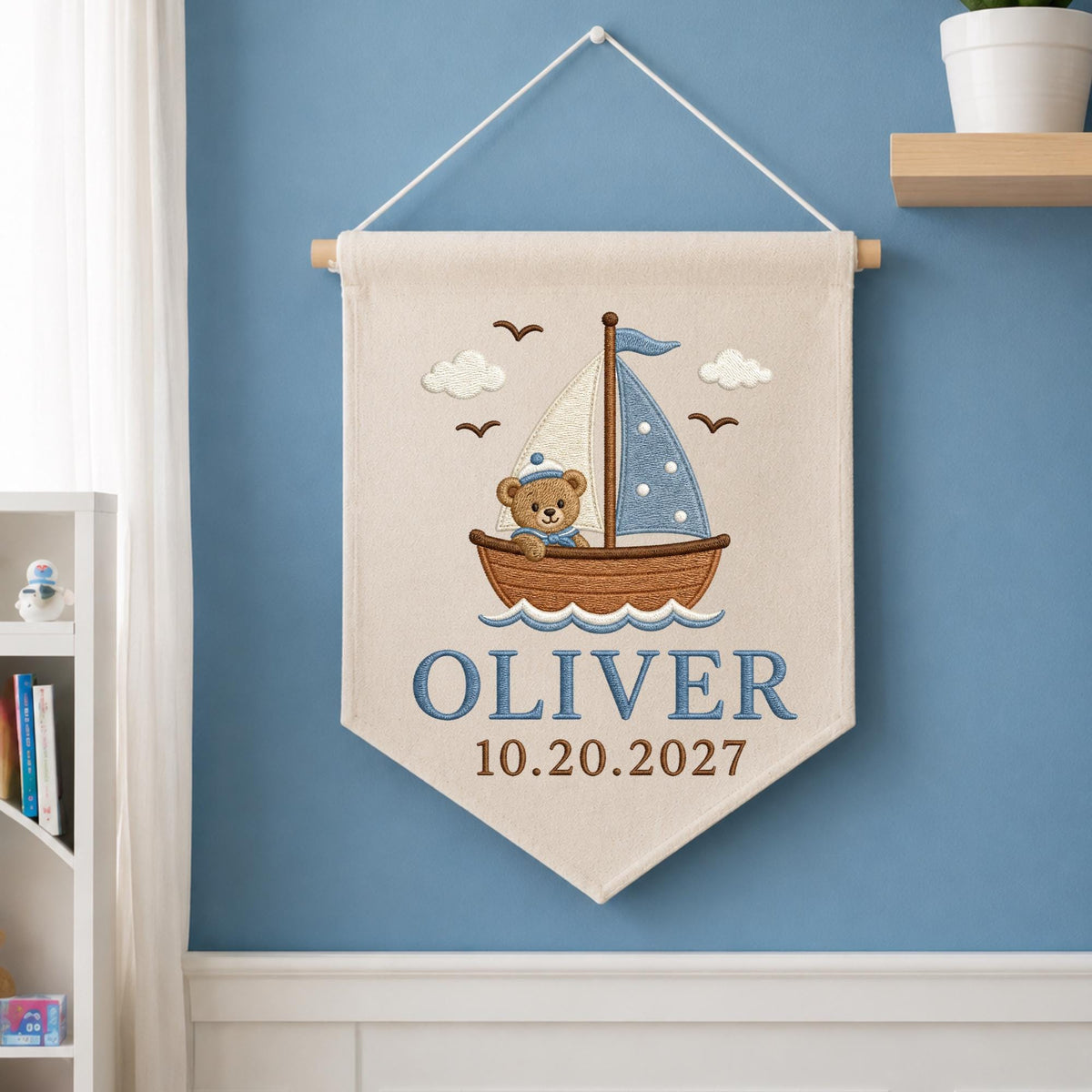 Personalized Embroidered Baby Name Banner, Teddy Bear Sailboat Nursery Wall Hanging, Custom Nautical Name Sign, Baby Boy Nursery Decor