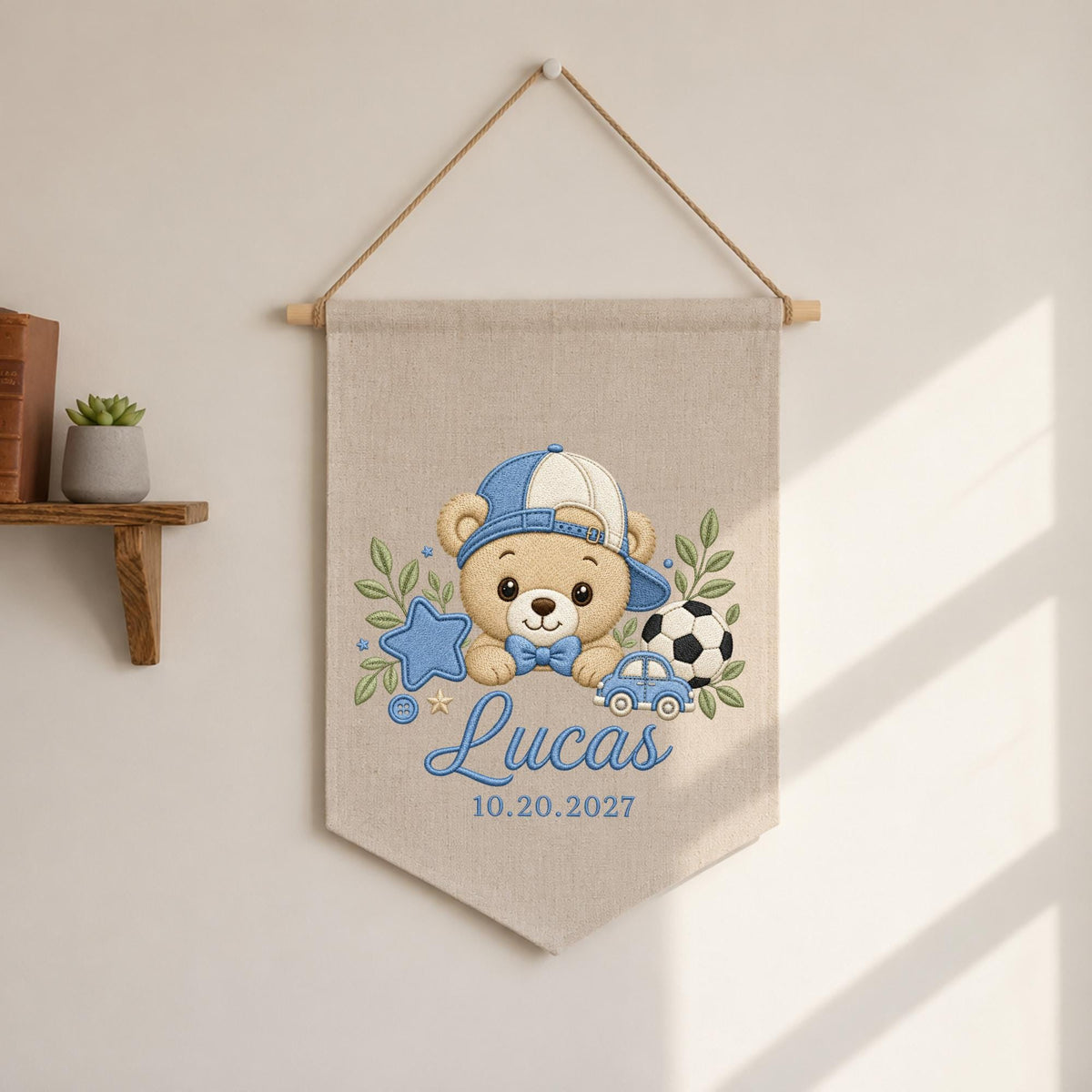 Personalized Embroidered Baby Name Banner, Teddy Bear Sports Nursery Wall Hanging, Custom Boy Name Sign, Soccer Baby Nursery Decor