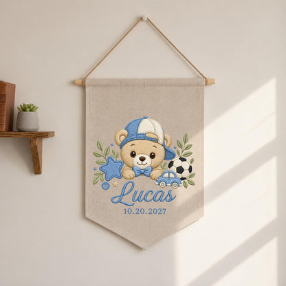 Personalized Embroidered Baby Name Banner, Teddy Bear Sports Nursery Wall Hanging, Custom Boy Name Sign, Soccer Baby Nursery Decor