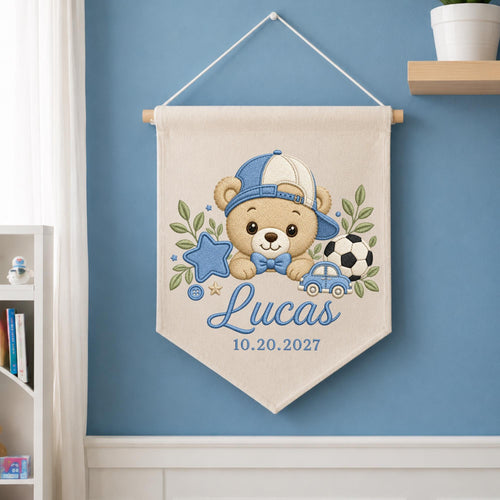 Personalized Embroidered Baby Name Banner, Teddy Bear Sports Nursery Wall Hanging, Custom Boy Name Sign, Soccer Baby Nursery Decor