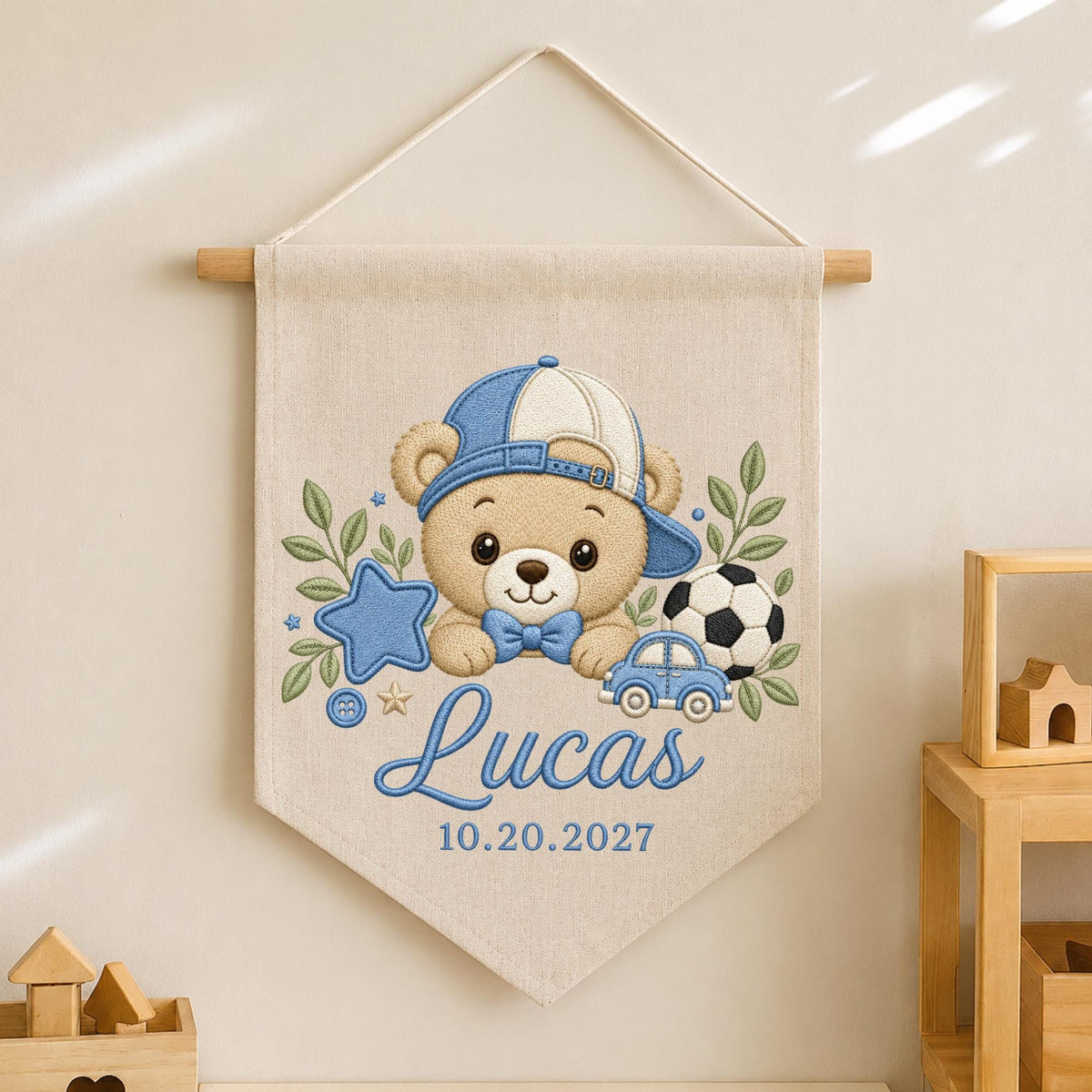Personalized Embroidered Baby Name Banner, Teddy Bear Sports Nursery Wall Hanging, Custom Boy Name Sign, Soccer Baby Nursery Decor