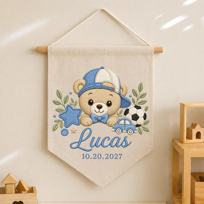 Personalized Embroidered Baby Name Banner, Teddy Bear Sports Nursery Wall Hanging, Custom Boy Name Sign, Soccer Baby Nursery Decor