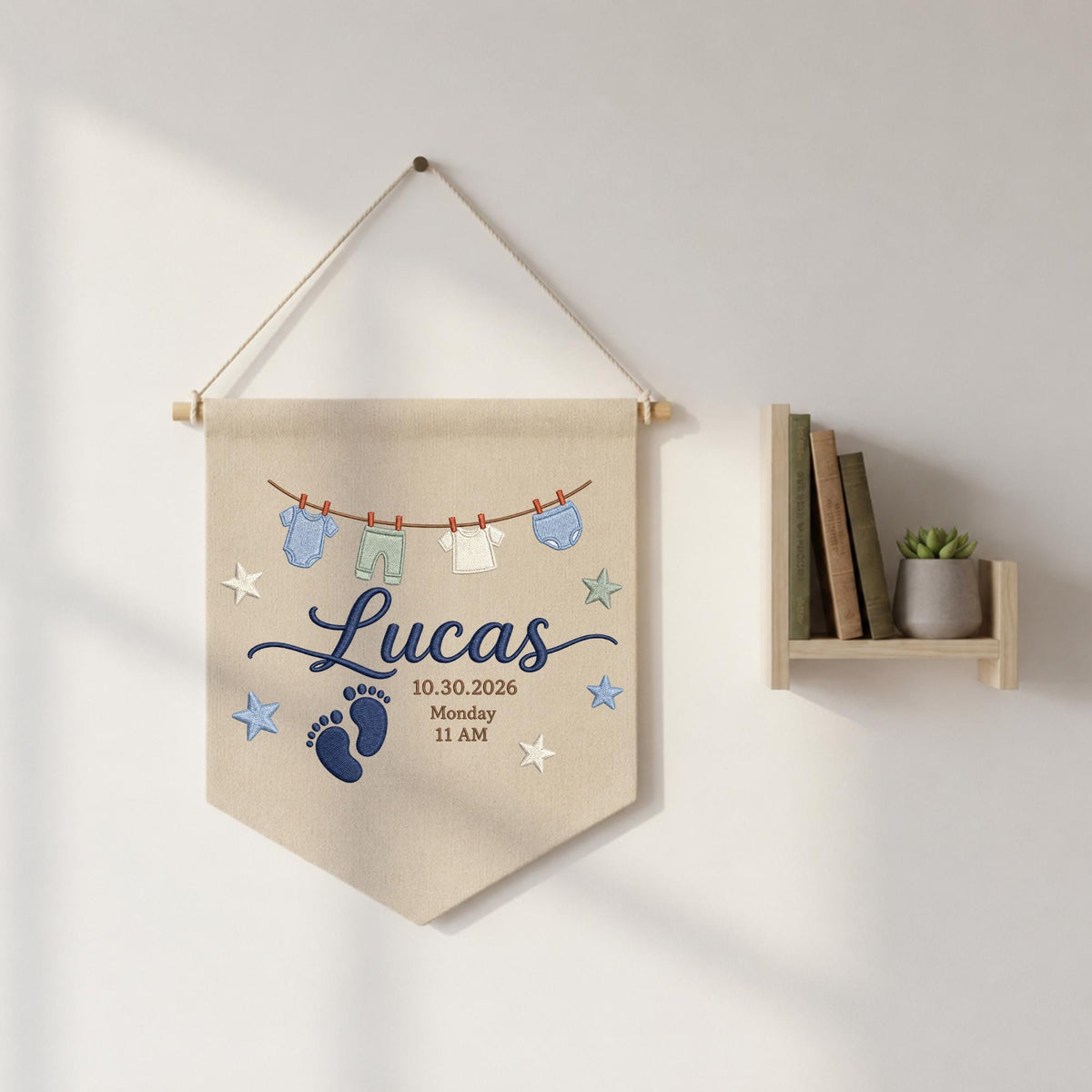 Personalized Embroidered Baby Birth Announcement Banner, Custom Baby Name Wall Hanging, Newborn Footprint Nursery Decor, Birth Date Keepsake