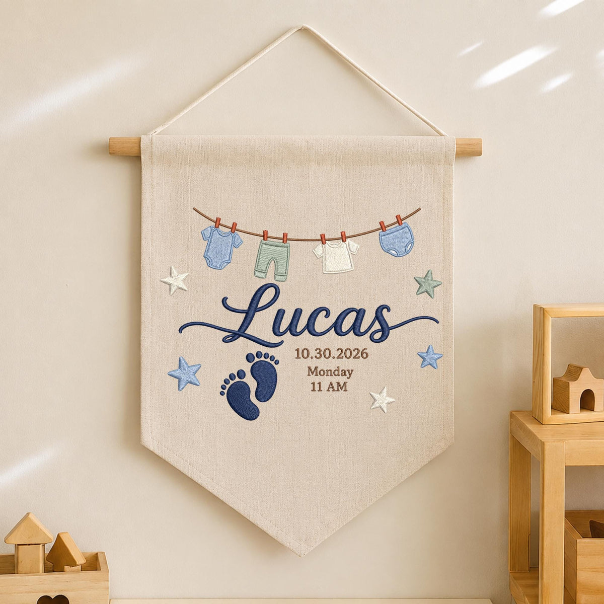 Personalized Embroidered Baby Birth Announcement Banner, Custom Baby Name Wall Hanging, Newborn Footprint Nursery Decor, Birth Date Keepsake