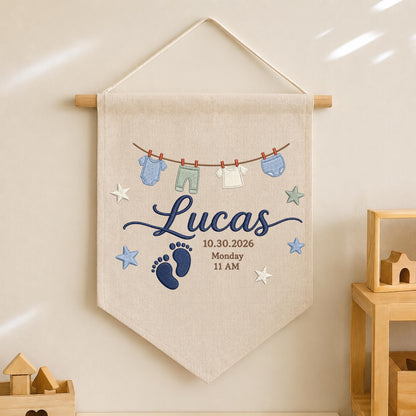 Personalized Embroidered Baby Birth Announcement Banner, Custom Baby Name Wall Hanging, Newborn Footprint Nursery Decor, Birth Date Keepsake
