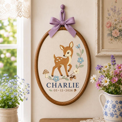 Personalized Deer Embroidery Hoop, Charlie Name and Date Ornament, Blue Gingham Woodland Decor, Fawn Nursery Gift, Round Wall Hanging