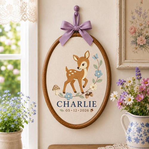 Personalized Deer Embroidery Hoop, Charlie Name and Date Ornament, Blue Gingham Woodland Decor, Fawn Nursery Gift, Round Wall Hanging